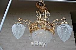 French Chandelier brass glass gothic dragon arms louis XVI decor 1960 n1
