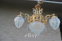 French Chandelier brass glass gothic dragon arms louis XVI decor 1960 n2