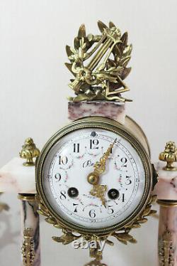 French Clockset Portico 2 Columns Louis XVI White Black Pink Marble