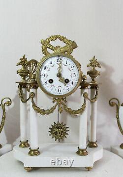 French Clockset Portico 4 Columns Louis XVI White Marble