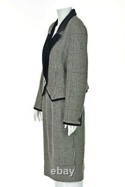 French Designer LOUIS FERAUD Black & White Houndstooth Suit w Velvet Trim SZ 8