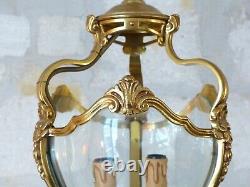 French Lantern Louis XV Shell Bronze Rare Curved Glass 20TH Chandelier Ceiling