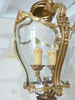 French Lantern Louis XV Shell Bronze Rare Curved Glass 20TH Chandelier Ceiling