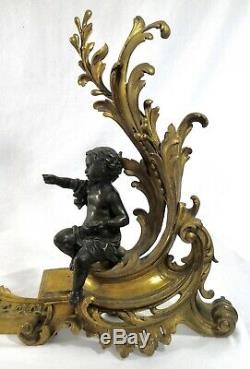 French Louis XV 19H BRONZE Putti Pair Chenet + Cast Brass Fireplace Fender 1880