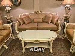 French Louis XV Antique Reproduction Sofa Set Furniture Armchair Gold Damask