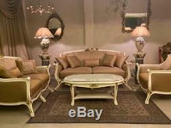 French Louis XV Antique Reproduction Sofa Set Furniture Armchair Gold Damask
