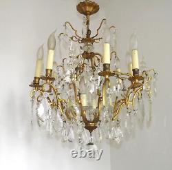 French Louis XV Brass Ormolu Glass & Crystal 12 Light Cage Chandelier 4792