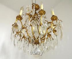 French Louis XV Brass Ormolu Glass & Crystal 12 Light Cage Chandelier 4792