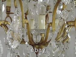 French Louis XV Brass Ormolu Glass & Crystal 12 Light Cage Chandelier 4792