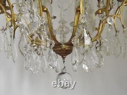 French Louis XV Brass Ormolu Glass & Crystal 12 Light Cage Chandelier 4792