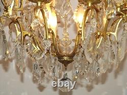 French Louis XV Brass Ormolu Glass & Crystal 12 Light Cage Chandelier 4792