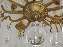 French Louis XV Brass Ormolu Glass & Crystal 12 Light Cage Chandelier 4792