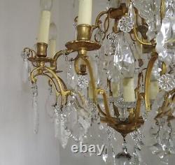 French Louis XV Brass Ormolu Glass & Crystal 12 Light Cage Chandelier 4792