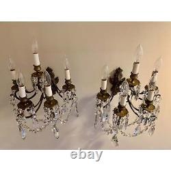 French Louis XV Bronze and Crystal Sconces 5 Light a pair