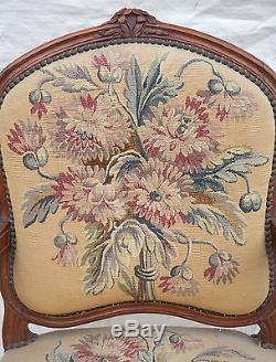 French Louis XV Pair Armchairs Aubusson Tapestry Flowers Carved Cherry Wood
