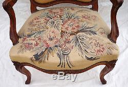French Louis XV Pair Armchairs Aubusson Tapestry Flowers Carved Cherry Wood