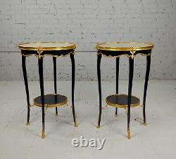 French Louis XV Style Ebonized Round Side Tables A Pair