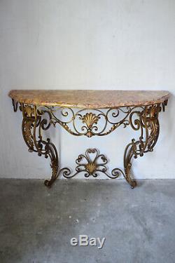 French Louis XV Style Gilt Wrought Iron and Marble-Top Wall Console Table