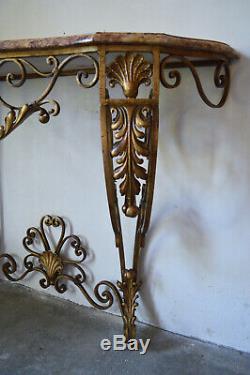 French Louis XV Style Gilt Wrought Iron and Marble-Top Wall Console Table