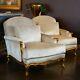 French Louis Xv Oversized Arm Chairs In Antiqued Gold Leaf White Velvet