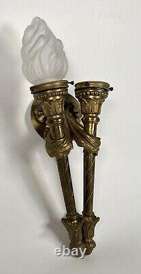 French Louis XVI Empire Gilt Bronze Ormolu Torch Glass Flame Shade Light Sconce