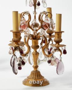 French Louis XVI Gilt Bronze, Colored & Clear Glass Four Light Candelabra Lamps