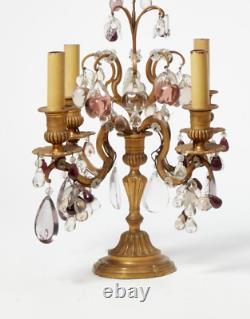 French Louis XVI Gilt Bronze, Colored & Clear Glass Four Light Candelabra Lamps