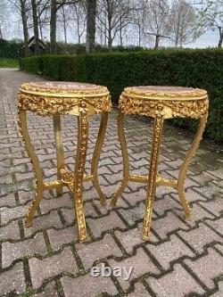 French Louis XVI Pedestal Side Tables in Gold With Pink Marble Top a Pair