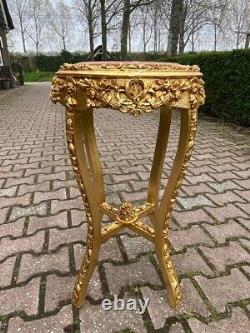 French Louis XVI Pedestal Side Tables in Gold With Pink Marble Top a Pair