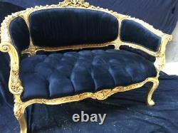 French Louis XVI/Renaissance Style Sofa/Settee in Dark Blue Velvet Tufted Seatin