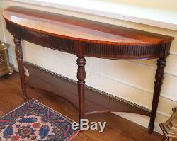 French Louis XVI Satinwood & Flame Mahogany Brass Gallery Console Sofa Table
