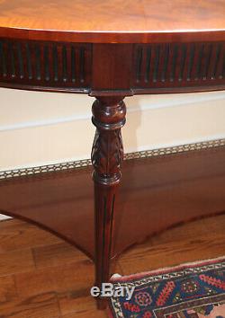 French Louis XVI Satinwood & Flame Mahogany Brass Gallery Console Sofa Table