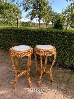 French Louis XVI Side Tables in Gold Beech With White Marble Top a Pair