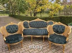 French Louis XVI Sofa Set with 2 Chairs in green WORLDWIDE SHIPPING