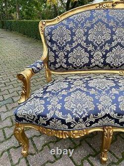 French Louis XVI Sofa Set with 4 Chairs and two bèrgères in dark blue