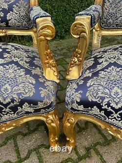 French Louis XVI Sofa Set with 4 Chairs and two bèrgères in dark blue