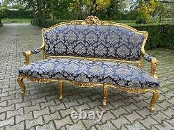 French Louis XVI Sofa with 2 easy chairs in dark blue worldwide shipping