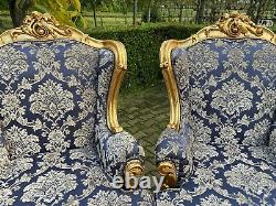 French Louis XVI Sofa with 2 easy chairs in dark blue worldwide shipping