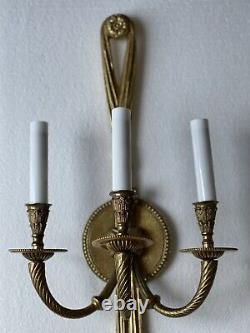 French Louis XVI Style Brass Wall Sconces Ribbon Knot Tassel Vintage Pair 25