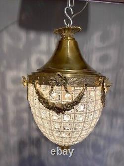 French Louis XVI Style Bronze Lantern -Antique Gold Finish, Unique Beaded Design