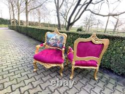 French Louis XVI Style Chair in red/fuchsia with scenery. Made in Europe. 1940