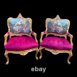 French Louis XVI Style Chair in red/fuchsia with scenery. Made in Europe. 1940