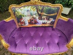 French Louis XVI Style Settee in Purple Velvet and Gobelin