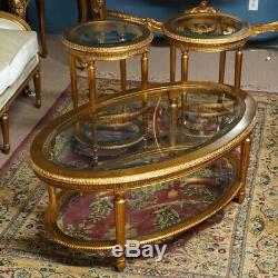 French Louis XVI style Coffee & 2 Side Tables set gilded Mahogany with Glass top