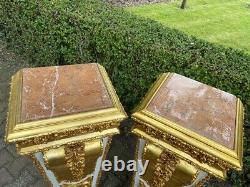 French Louis XVI style wooden Pedestal/Colums in Gold and White With Marble Top