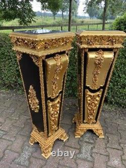 French Louis XVI wooden Pedestal/Colums in Gold and Black With Marble Top