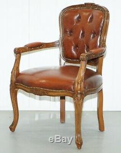 French Louis XVII Style Brown Leather Chesterfield Buttoned Armchair Fratelli