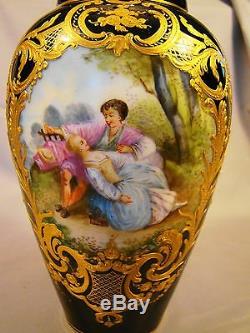 French Porcelain Cobalt & Gilt Handpainted Scenic Vase Blue Sevres Louis Mark