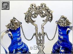 French Sterling Silver Oil & Vinegar Cruet Set Baccarat Cobalt Blue Louis XVI