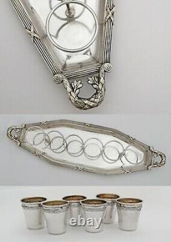 French Sterling Silver Small Liquor Cups, Vodka Shots with Silver Plated Tray